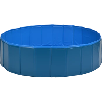 Rundes, zusammenklappbares blaues PVC-Haustierbecken mit segmentierten vertikalen Paneelen.