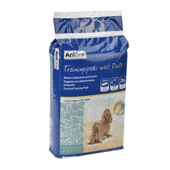 Blauwe verpakking van AniOne geurige trainingspads voor honden, met afbeeldingen van twee honden op een pad, met tekst in meerdere talen.