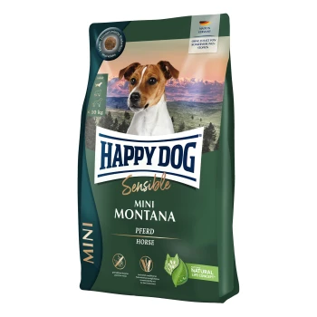 Happy Dog Sensible Mini Montana Hundefutterbeutel mit einem kleinen Hund auf der Vorderseite, beschriftet mit "Pferd" und "MINI."