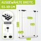 Haustiersicherheitsgitter mit verstellbarer Breite (93-101 cm), Höhe 107 cm und verschiedenen Abmessungen, die in grünem Text beschriftet sind.