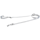 Eine silberne Hundeleine mit einer Schlaufenhandhabung und einem Metallclip zur Befestigung, entworfen für das Gassigehen mit Hunden.