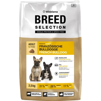 Tüte mit der Aufschrift 'BREED SELECTION' Hundefutter für Französische Bulldogge (FRANZÖSISCHE BULLDOGGE / FRENCH BULLDOG), Adult, 2,5 kg, Single Protein & Grain Free.