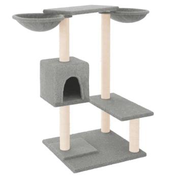 Grau Katzenbaum mit zwei erhöhten Schalen, einem gemütlichen Versteck und mehreren Plattformen zum Klettern und Entspannen.