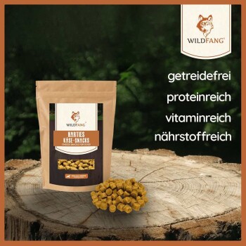 Braune Tüte mit "Harties Kase-Snacks" Käse-Snacks für Hunde, mit Text, der Vorteile hervorhebt: getreidefrei, proteinreich, vitaminreich.