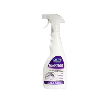 White trigger spray bottle labeled "Johnson's Guardian Home Flea Spray" — kills fleas, flying and crawling insects.