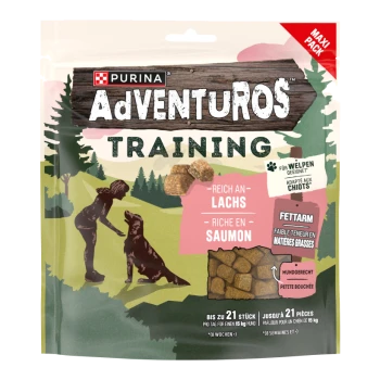 Purina Adventuros Trainingsbeutel mit Lachs-Hundesnacks, 'Reich an Lachs / Riche en Saumon', fettarm, Silhouette von Trainer und Hund