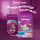 Whiskas Katzenfutterverpackung mit einer grauen Katze, mit dem Text 'Neuer Look, derselbe großartige Geschmack!' und Details über Thunfischgeschmack, 3,8 kg.