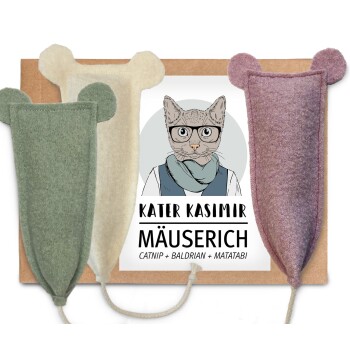 3 x MÄUSERICH - Die XL Spielmaus für Katzen, handgenäht aus reiner Schurwolle mit Katzenminze-, Baldrian- und Matatabi-Füllung