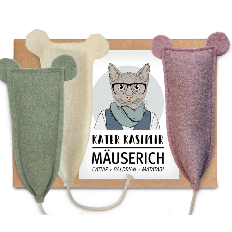 Kater Kasimir 3 x MÄUSERICH - Die XL Spielmaus für Katzen, handgenäht aus reiner Schurwolle mit Katzenminze-, Baldrian- und Matatabi-Füllung
