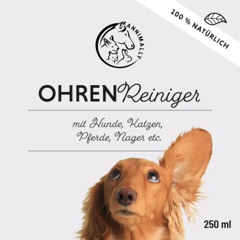 Nahaufnahme des Gesichts eines Hundes mit großen Ohren, der einen Ohrreiniger für Haustiere zeigt, beschriftet "OHRENReiniger" und "250 ml."