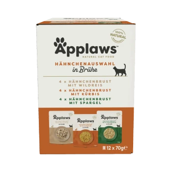 Applaws Naturkatzenfutter-Multipack-Box mit 12 Beuteln Huhn, beschriftet mit 100% natürlich, mit Bildern von Futterbeuteln an der Seite.