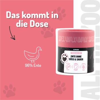 Logo von ALPHAZOO mit einer pinken Herzillustration, begleitet von Text auf Deutsch über ihre mit Liebe in Dortmund hergestellten Haustierprodukte.