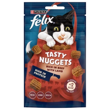 A playful black and white cat on a blue background holds a treat from a "Felix Tasty Nuggets" package, labeled "Rich in Beef with Lamb."