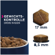 Hundenapf mit Kibble-Größen: 17 mm hexagonal und 8,5 mm Stücke, beschriftet mit 'GEWICHTSKONTROLLE GROSSE RASSEN.'