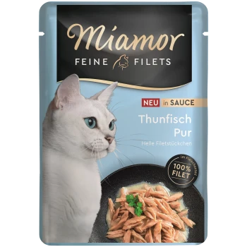 Miamor Katzenfutterbeutel mit weißer blauäugiger Katze und Thunfischstücken in Sauce; Text: Thunfisch Pur, NEU, 100% FILET
