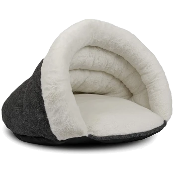 Gemütliches Haustierbett mit einem weichen, plüschigen Innenraum und einem dunkelgrauen Außenbereich, mit einem gewundenen Design für zusätzlichen Komfort.