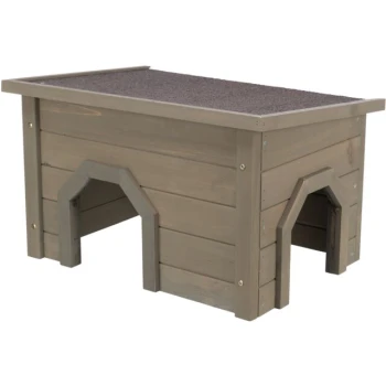 Holzhaustierhaus mit zwei gewölbten Eingängen und einem flachen, strukturierten Dach, entworfen für den Außenbereich.