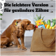 Hund schnüffelt an einer Einkaufstüte mit Gemüse und Pedigree Dentastix Light Leckerlis, deutscher Text über gesündere Zähne.