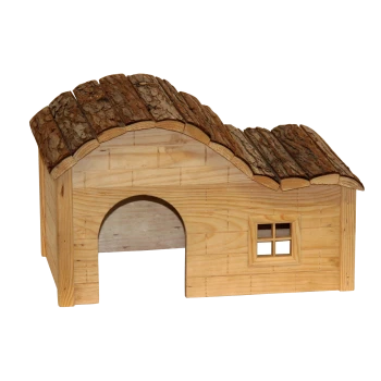 Holzhaustierhaus mit einem gewölbten Rinden-Dach, das einen gewölbten Eingang und ein kleines Fenster an der Seite hat.