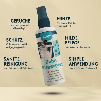 Zahnpflegespray für Haustiere mit einem Hund auf dem Etikett, das die Beseitigung von Gerüchen, Infektionsschutz und sanfte Reinigung fördert.