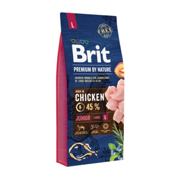 Worek z karmą dla psów oznaczony 'Brit Premium by Nature', z formułą z kurczakiem dla młodych psów dużych ras, zawierający 45% kurczaka.