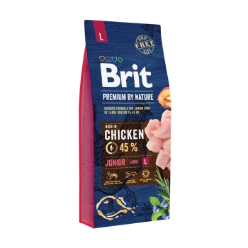 Hundetrockenfutterbeutel mit der Aufschrift "Brit Premium by Nature", mit einer Hühnerformel für junge Hunde großer Rassen, 45% Hühneranteil.