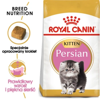 Torba z jedzeniem dla kociąt Royal Canin z uroczą ilustracją kociaka i tekstem o żywieniu specyficznym dla rasy oraz krokietach.
