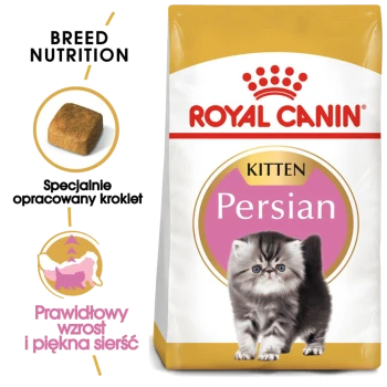 Torba z jedzeniem dla kociąt Royal Canin z uroczą ilustracją kociaka i tekstem o żywieniu specyficznym dla rasy oraz krokietach.