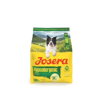 Gelber Josera-Hundefutterbeutel mit lächelndem Border Collie, Hypoallergen, Adult, Alle Größen, Getreidefrei, 100%