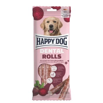 Rosa 'HAPPY DOG DENTAL ROLLS'-Tüte mit Hundefoto, Rübenabbildungen und sichtbarem Text 'Kauvergnügen mit zahnreinigender Wirkung'.