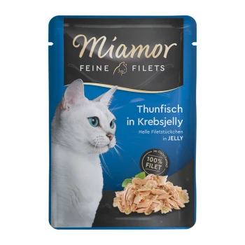 Verpakking van kattenvoer met het profiel van een witte kat, gelabeld 'Miamor Feine Filets Thunfisch in Krebsjelly,' en '100% FILET.'