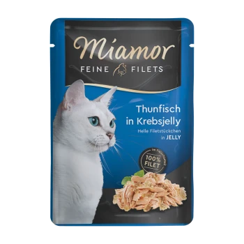 Verpakking van kattenvoer met het profiel van een witte kat, gelabeld 'Miamor Feine Filets Thunfisch in Krebsjelly,' en '100% FILET.'