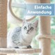 Eine neugierige silberne Tabbykatze sitzt auf einem weichen Katzenbaum und schaut mit leuchtend grünen Augen nach oben. Der Text "Einfache Anwendung" wird darüber angezeigt.