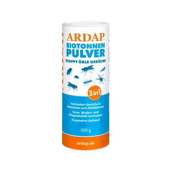 ARADAP Biotonnen Pulver, ein 500g Behälter, beschriftet mit '3in1' zur Geruchsvermeidung in Kompostbehältern, mit Insektenillustrationen und Text in Deutsch.