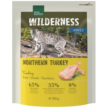 Real Nature Wilderness Adult Katzenfutter 'Northern Turkey' Tüte mit Katze und Truthahnstück; zeigt 65%/35%/0%, 300 g