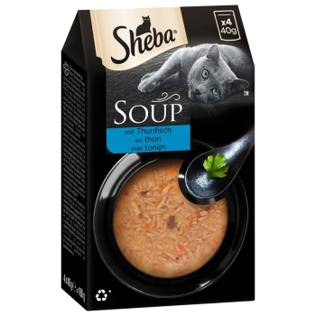 Emballage de soupe pour chat Sheba présentant un bol de soupe au thon, avec une cuillère et une branche de persil sur le dessus, et une image de chat gris.