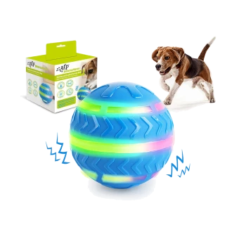 Blauer bewegungsaktivierter LED-Hundeball mit Neonstreifen, Produktbox mit Aufschrift 'afp interactives' und ein verspielter Beagle