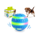 Blauer bewegungsaktivierter LED-Hundeball mit Neonstreifen, Produktbox mit Aufschrift 'afp interactives' und ein verspielter Beagle