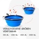 Blaue zusammenklappbare Fressnäpfe für Haustiere mit Spritzdesign, beschriftet mit "Verschiedene Größen verfügbar", in den Größen: 350 ML, 1000 ML, 1500 ML, 2000 ML.