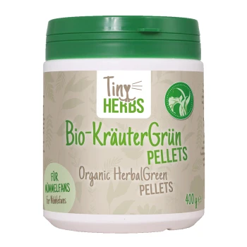 Behälter mit cdVet Bio-KräuterGrün Pellets, gekennzeichnet als 100% natürlich, für Haustiere, mit einem grünen Deckel und gelbem Hintergrund.