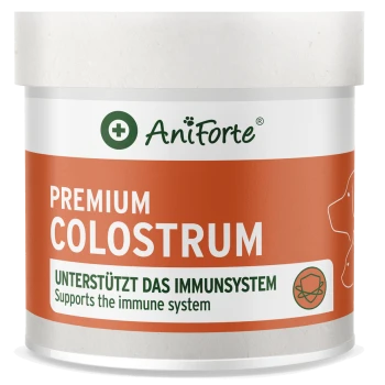 AniForte-Dose mit der Aufschrift 'PREMIUM KOLOSTRUM'; 'Unterstützt das Immunsystem', Hundesilhouette.