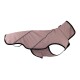 Ein hellrosa Hundemantel mit schwarzem Rand, der ein schlankes Design und einen hohen Kragen hat, geeignet für kleine bis mittelgroße Hunde.