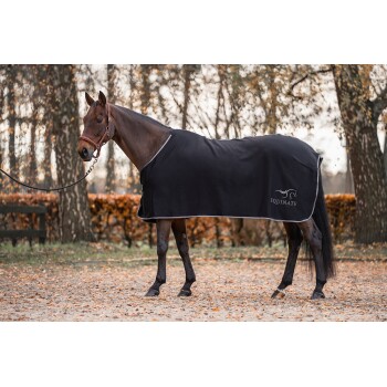 Ein braunes Pferd, das eine schwarze Decke mit dem Logo 'EQUINATE' trägt, steht in einer Außenumgebung mit herbstlichem Laub.