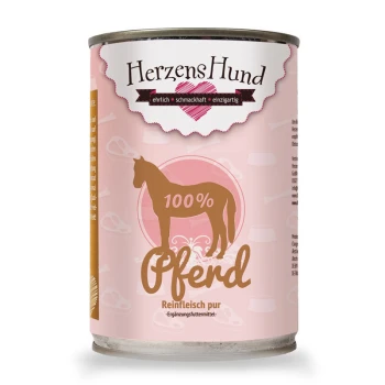 Reinfleisch pur Pferd 12x400g Dose mit Haustierfutter, etikettiert "HerzensHund" mit einer Silhouette eines Pferdes, mit "100% Pferd" und "Reinfleisch pur" in braunem Text auf pinkem Hintergrund.