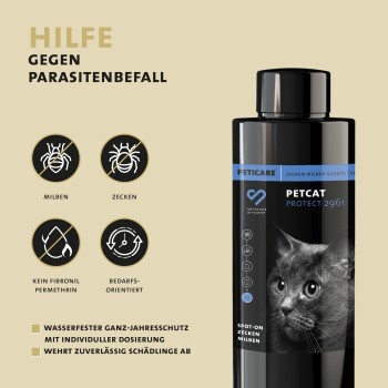 Schwarze Flasche von Petcare Petcat Protect 2961, mit dem Gesicht einer Katze, mit Text, der den Schutz vor Parasiten wie Zecken und Milben hervorhebt.