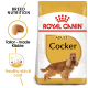 Royal Canin Adult Cocker dog food bag in gold, featuring "Breed Nutrition," "Tailor-made Kibble," and "Healthy skin & coat."