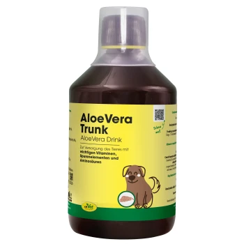 Eine Flasche cdVet Aloe Vera Trunk Getränk mit einem grünen und gelben Etikett, das "100% Natur" und frische Aloe Vera Blätter zeigt.