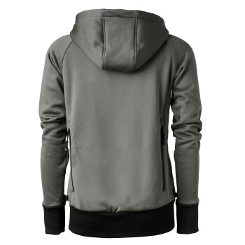 Eine Rückansicht eines grauen Haustier-Hoodies mit Kapuze, langen Ärmeln und einem schwarzen Saum, entworfen für Hunde.