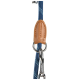 Close-up of a blue woven dog leash with a leather handle featuring the embossed word "more" and a metal clip for attachment.
