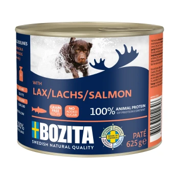 Dosen-Hundefutter mit der Aufschrift "Bozita" mit Lachs, mit einem schwimmenden Hund auf der Vorderseite, 625g, getreidefrei, ohne Zuckerzusatz, 100% tierisches Protein.